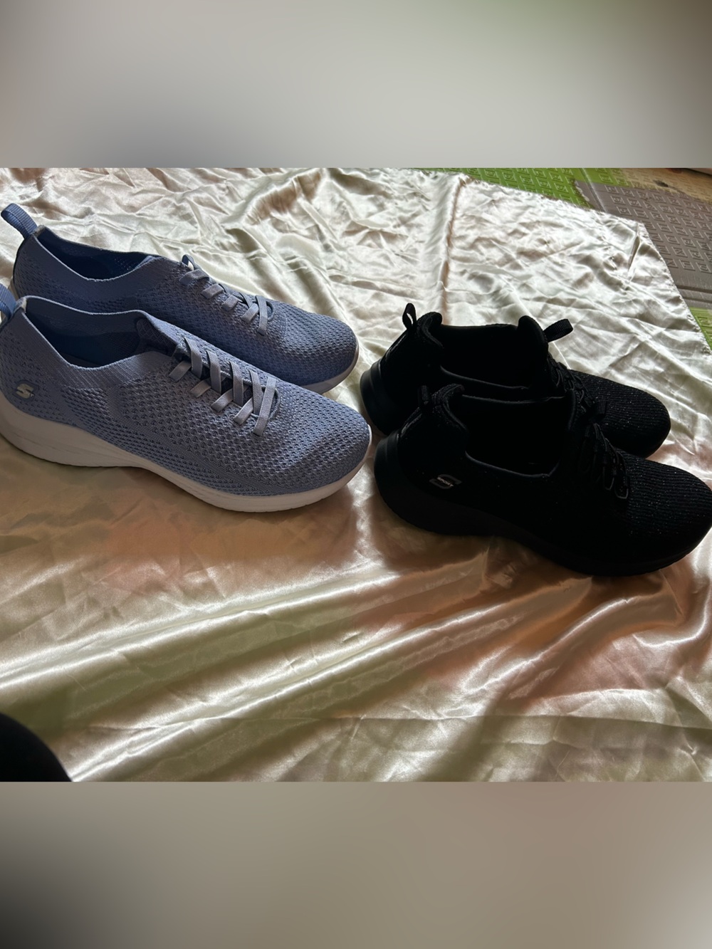 Pair of Size 9 Skechers Slip-On Knit Sneakers — Black & Light Blue - Picture 4 of 7